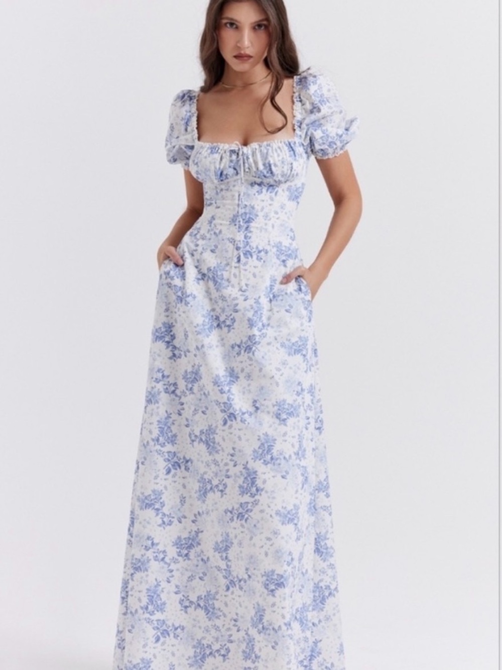 House of CB White and Blue Floral Puff-Sleeve Maxi Dress